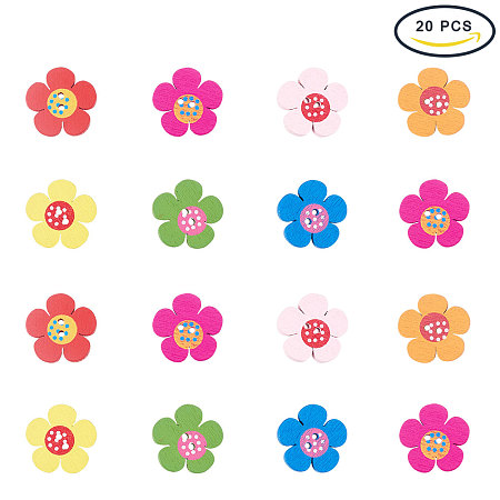 PandaHall Elite 20pcs Colorful Flower Shaped Wooden Buttons for Scrapbooking Swing Craft
