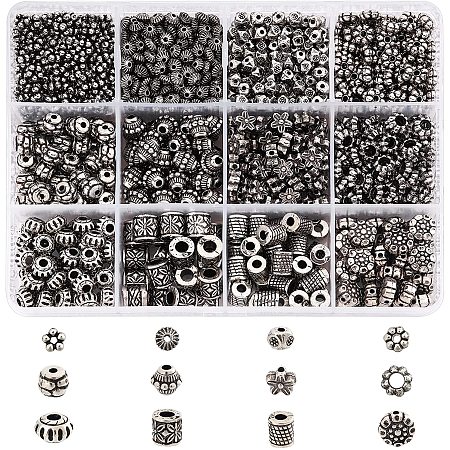CHGCRAFT 1290Pcs Antique Silver Spacer Beads Tibetan Tube Spacers Flower Flat Rondelle Drum Small Loose Beads for Jewelry Making Supplies