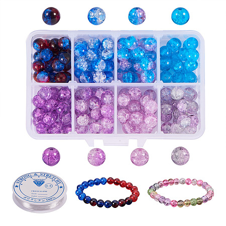 PandaHall Elite About 240 pcs 8 Color Blue Series 8mm Round Spray Painted Crackle Glass Beads Assortment Lot for Jewelry Making with Crystal Elastic Thread(0.8mm; 5m/roll)