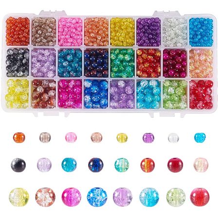PH PandaHall 4mm 6mm 8mm Crackle Glass Beads 2720pcs 24 Color Glass Crackle Lampwork Round Beads for Necklace Bracelet Jewelry Making