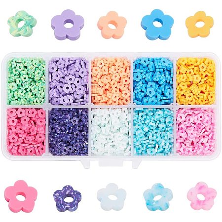 Arricraft 4100 pcs 10 Colors 4mm Flat Flower Polymer Clay Spacer Beads Colorful Loose Beads for Earring Bracelet Necklace Jewelry DIY Craft Making