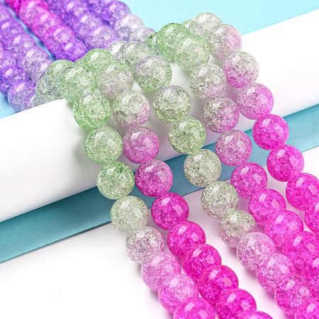 Spray Painted Crackle Glass Beads Strands, Gradient Color, Segmented Multi-color Beads, Round, Magenta, 10mm, Hole: 1mm, about 38pcs/strand, 15.28 inch(38.8cm)
