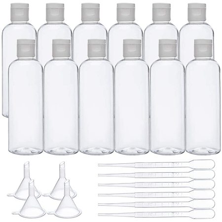 BENECREAT 12Pcs 3.4oz Clear Plastic Flip Cap Bottles Refillable Travel Bottles with White Caps, 6Pcs Plastic Droppers, 4Pcs Plastic Funnel for Lotion and Other Beauty Product