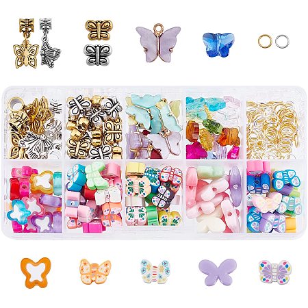CHGCRAFT 60Pcs Butterfly Polymer Clay Beads 20Pcs Butterfly Tibetan Style Alloy Beads and 18Pcs Butterfly Tibetan Style Alloy Charms for DIY Jewelry Making