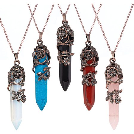 NBEADS 10 Pcs Gemstone Bullet Pendants Making Kits, Include 5 Colors Quartz Stone Pointed Pendants and 5 Pcs Brass Cable Chains for Necklace Jewelry Making