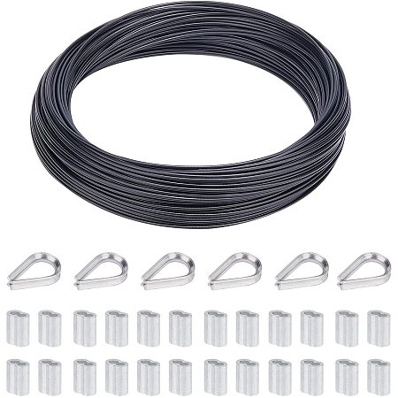 PandaHall Elite 50m/54.6 Yard Cable Railing Kit 15 Gauge/1.5mm Black Coated Stainless Steel Wire with 20pcs Cable Thimbles and 30pcs Aluminum Crimping Sleeve for Rigging Decking Picture Lights Hanging