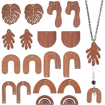 PandaHall Elite 18pcs Wooden Walnut Charms, 9 Styles Leaf Vintage Pendants Walnut Wood Pendants African Wood Drop Pendants Half Round Earrings Statement for Necklace Jewelry Making DIY Crafts