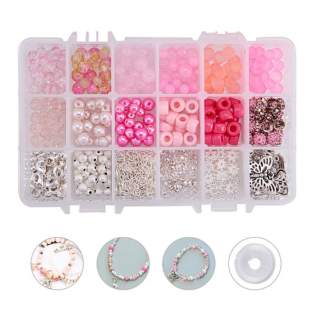 PandaHall Elite Jewelry Making Kit for Adults, Girls, Teens and Women-Pink Series Glass Beads, Spacer Bead, Pendants, Lobster Claw Clasp, Chain, Jump Ring, Elastic Wire