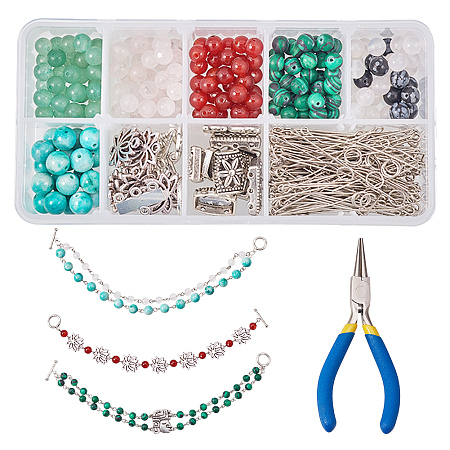SUNNYCLUE 1 Set 430+ pcs Natural Stone Beaded Chain Bracelet Making Kit with Silver Tone Toggle Clasp Link and Round Nose Pliers - Make 6 Beaded Chain Bracelets