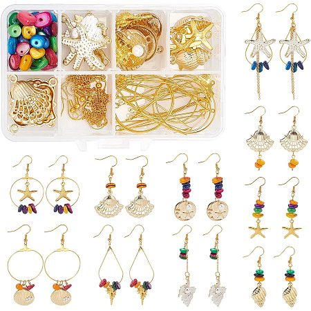 SUNNYCLUE 1 Box DIY Make 10 Pairs Shell Starfish Earring Dangles Making Kit Scallop Alloy Pendants Flat Round Teardrop Steel Charms Jewelry Findings for Beginners Earring Jewellery Making Crafts