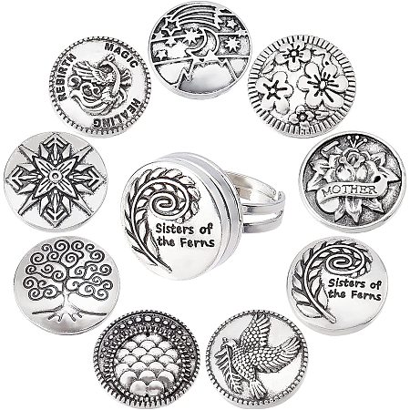 SUNNYCLUE 1 Box 9 Styles Button Finger Ring Tibetan Style Button Snap Antique Tree of Life Cabochons for Jewelry Making Phoenix Fish Scale Charms Adjustable Finger Rings Set Adult Men Women Craft