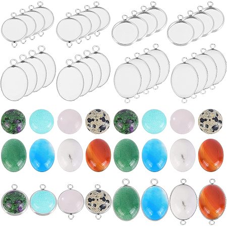 UNICRAFTALE 32pcs Flat Round and Oval Stone Pendant Stainless Steel Pendant Cabochon Settings Mixed Color Natural Mixed Stone Cabochons for DIY Jewelry Gift Making 2-2.5mm Hole