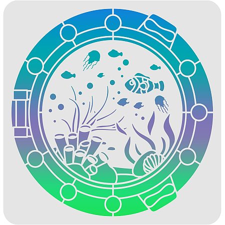FINGERINSPIRE Window of The Underwater World Stencil 11.8x11.8inch Underwater Creatures Stencil Sea Creatures Stencil for Painting on Wood Tile Paper Fabric Floor Wall