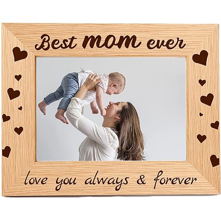 CREATCABIN Engraved Natural Wood Picture Frame Best Mom Gift Love You Always & Forever Solid Wood Photo Horizontal Standing Wall Mountable High Definition Glass 6x8 inch