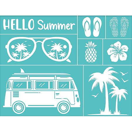 OLYCRAFT 2Pcs Self-Adhesive Silk Screen Printing Stencil Summer Theme Coconut Tree Bus Pineapple Mesh Transfers Silk Screen Reusable Stencil for Painting on Wood T-Shirt Fabric Bags - 11x8.5 Inch