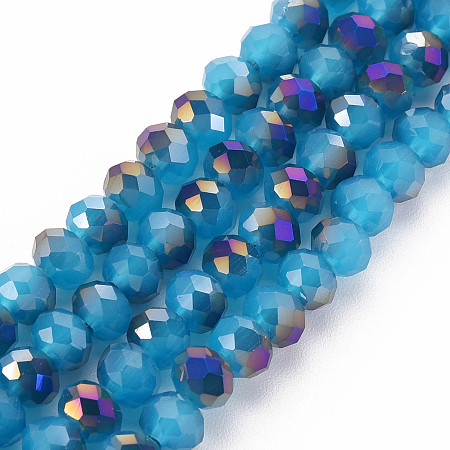 ARRICRAFT Electroplate Glass Beads Strands, Imitation Jade, Half Purple Plated, Faceted, Rondelle, Steel Blue, 6x5mm, Hole: 1mm, about 85~88pcs/strand, 16.1~16.5 inch(41~42cm)