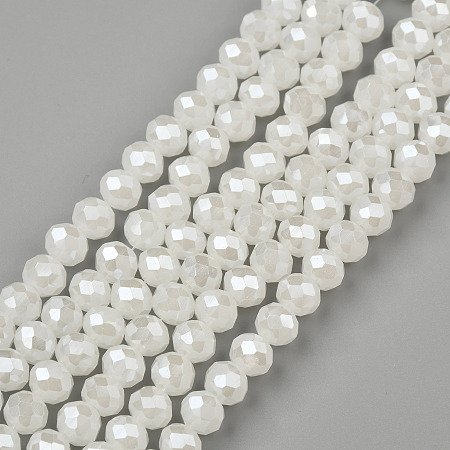 Electroplate Glass Beads Strands, Imitation Jade Beads, Pearl Luster Plated, Faceted, Rondelle, Creamy White, 8x6mm, Hole: 1mm; about 68~70pcs/strand, 16 inches(40cm)