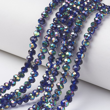 Honeyhandy Electroplate Transparent Glass Beads Strands, Half Multi-color Plated, Faceted, Rondelle, Medium Blue, 4x3mm, Hole: 0.4mm, about 130pcs/strand, 16.54 inch(42cm)