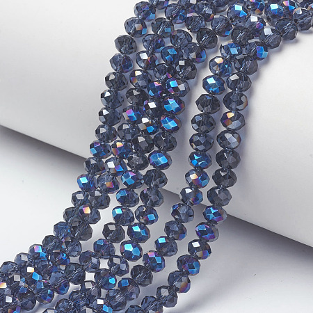 Honeyhandy Electroplate Glass Beads Strands, Half Plated, Blue Plated, Faceted, Rondelle, Midnight Blue, 6x5mm, Hole: 1mm, about 85~88pcs/strand, 16.1~16.5 inch(41~42cm)