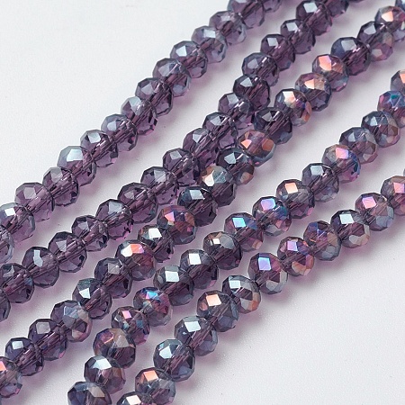 Honeyhandy Electroplate Glass Beads Strands, Full Rainbow Plated, Faceted, Rondelle, Purple, 4~4.5x3mm, Hole: 0.5mm, about 130~135pcs/strand, 15.5~16 inch(39~40cm)