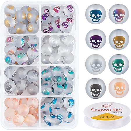 PandaHall Elite 120pcs Frosted Glass Beads 8 Colors 10mm Round Spacer Beads Electroplated Skull Print Halloween Decor Beads with 1mm Elastic Crystal Cord for DIY Necklace Bracelet Earring Phone Strap