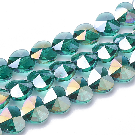 Honeyhandy Electroplate Glass Beads, AB Color Plated, Faceted, Heart, Light Sea Green, 10x10x6.5mm, Hole: 1mm
