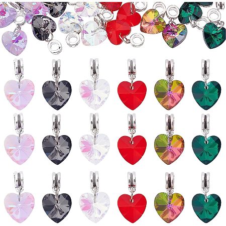 SUNNYCLUE 1 Box 60Pcs 6 Color European Dangle Charms Heart Charms Large Hole Faceted Charms for Jewelry Making Glass Heart Charms Bracelet Bails Clasp Bail Beads Charms Valentine's Day Charm Hole 5mm