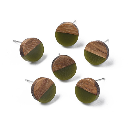 Honeyhandy Opaque Resin & Walnut Wood Stud Earrings, with 316 Stainless Steel Pins, Flat Round, Dark Olive Green, 10mm, Pin: 0.7mm