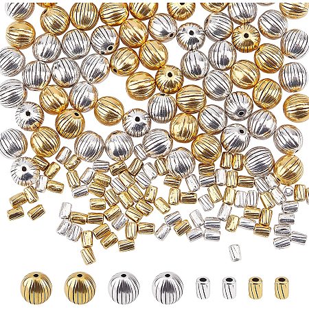 CHGCRAFT 200Pcs Tibetan Silver Corrugated Beads Golden Round and Tube Spacers Beads Mixed Tibetan Alloy Metal Charms Beads for Jewelry Making