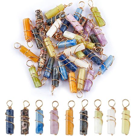 SUPERFINDINGS 36Pcs 9 Styles Gemstone Charms Column 20mm Natural Mixed Stone Pendants with Light Gold Tone Stone Pendants Charms for Earring Necklace Bracelet Jewelry Making,Hole:2.3~2.8mm