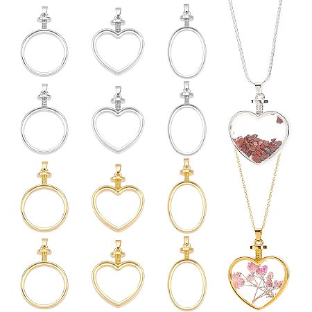 AHANDMAKER 12 Pcs Photo Charm Double-Sided Memory Locket Photo Frame Pendant, Heart Oval Round Photo Charm, for Valentine's Day Bridal Wedding Bouquet Picture Necklaces Making