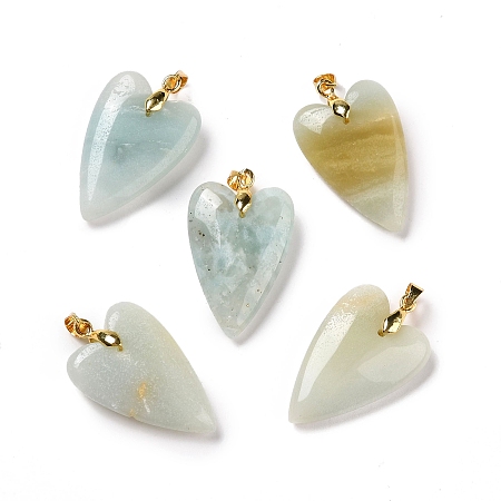 Honeyhandy Natural Flower Amazonite Pendants, with Rack Plating Golden Plated Brass Findings, Long-Lasting Plated, Heart, 32~34x20x8mm, Hole: 4x4mm