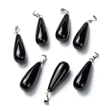 Honeyhandy Natural Obsidian Pendants, with Platinum Brass Findings, Teardrop, 26.5~29x10mm, Hole: 2.5~3.5x4~6mm