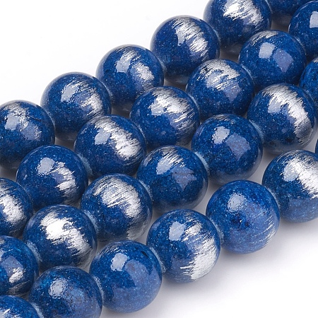 Natural Jade Beads Strands,  Brushed Silver Color, Dyed, Round, Medium Blue, 4mm, Hole: 0.8mm, about 90pcs/strand, 15.7 inch(40cm)