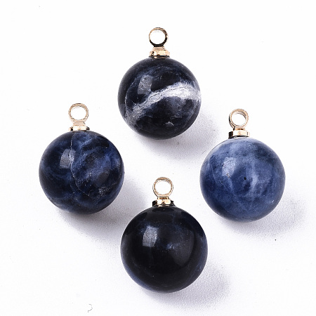 Honeyhandy Natural Sodalite Charms, with Golden Plated Brass Loops, Round, 14x10.5mm, Hole: 1.5mm