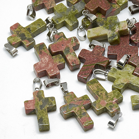 Honeyhandy Natural Unakite Pendants, with Stainless Steel Snap On Bails, Cross, 29~30x18~19x5~6mm, Hole: 6x4mm