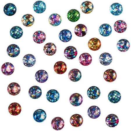 PH PandaHall 70pcs 35 Styles Flat Fish Skin Glass Cabochons Dragon Mermaid Scales Glass Cabochons Dome Gems for Photo Cameo Pendant Jewelry Making Scrapbooking (12mm)