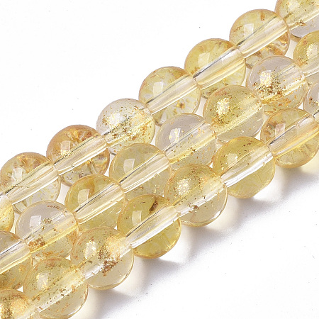 Arricraft Transparent Spray Painted Glass Bead Strands, with Golden Foil, Round, Gold, 6~7mm, Hole: 1.2~1.5mm, about 65~67pcs/Strand, 14.76 inches~15.12 inches(37.5~38.4cm)