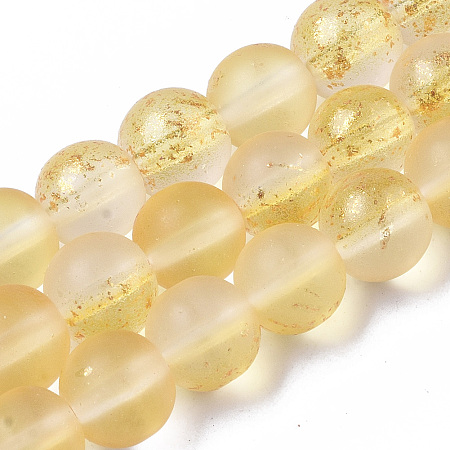 Honeyhandy Frosted Spray Painted Glass Beads Strands, with Golden Foil, Round, Gold, 8~9mm, Hole: 1.2~1.5mm, about 46~56pcs/Strand, 14.37 inch~16.3 inch(36.5~41.4cm)