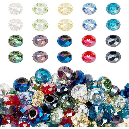 Pandahall Elite 100pcs 10 Colors Large Hole Beads Faceted Glass European Spacer Beads Slide Charm Rondelle Beads for DIY Snake Chain Charm Bracelet Making, Hole: 5mm