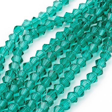 Honeyhandy Imitation Austrian Crystal 5301 Bicone Beads, Faceted Glass Beads Strands, Dark Cyan, 4x4mm, Hole: 1mm, about 92~96pcs/strand, 13.78~14.37 inch