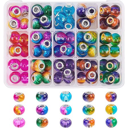 NBEADS 90 Pcs Transparent Glass European Beads, 15 Colors Large Hole Rondelle Beads with Golden or Silver Color Plated Brass Cores for Jewelry Making