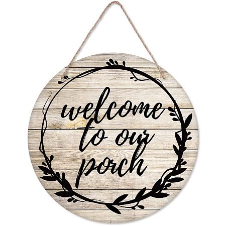 Arricraft Welcome Sign Wooden Flat Round Hanging Door Sign Rustic Wreath Pattern Welcome to Our Porch Sign Wall Hanging Decor for Home Farmhouse Front Door Outdoor Decoration 11.8x11.8in
