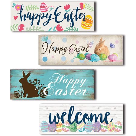 CRASPIRE 4 Pieces Easter Welcome Door Sign, Bunny Sign Decor, Rabbit Themed Wall Decor,Farmhouse Wooden Wall Sign Decorations Set Wall Mount for Home Office Bathroom Living Room,5.5 x 1.96 x 0.4inch