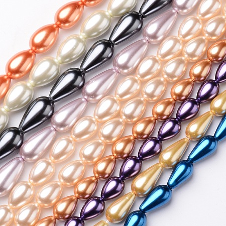 Teardrop Glass Pearl Beads Strands, Mixed Color, 11~18x8~10mm, Hole: 1mm; about 21~35pcs/strand, 15.7 inches~16.1 inches