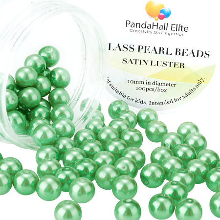PandaHall Elite 10mm About 100Pcs Tiny Satin Luster Glass Pearl Round Beads Assortment Lot for Jewelry Making Round Box Kit Bud Green