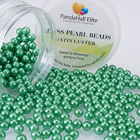 PandaHall Elite 6mm Bud Green Glass Pearls Tiny Satin Luster Round Loose Pearl Beads for Jewelry Making, about 400pcs/box