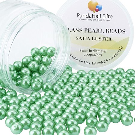 PandaHall Elite 8mm About 200Pcs Tiny Satin Luster Glass Pearl Round Beads Assortment Lot for Jewelry Making Round Box Kit Bud Green