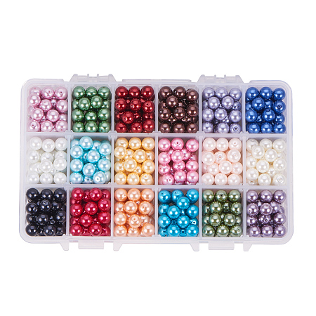 PandaHall Elite About 540pcs 18 Color 8mm Dyed Round Glass Pearl Beads Assortment Lot for Jewelry Making