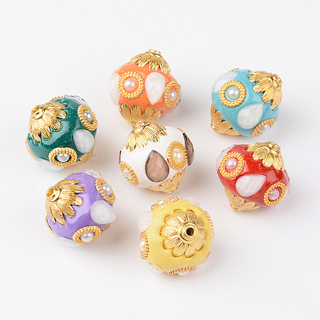 Round Handmade Indonesia Beads, with Acrylic and Alloy Cores, Golden, Mixed Color, 24~25x22~23mm, Hole: 1.6~2mm